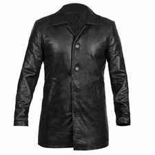 Manteau homme noir style vintage cuir véritable agneau veste 3/4 boutonnée