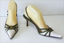 LUCIANO PADOVAN Escarpins Pointus Toile Ecrue  et Cuir Kaki T 38 TBE