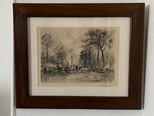 Tableau Chasse à Cour Le Tournier Lithographie couleur Signé La Brige (L12/A22)