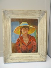 -TABLEAU ANCIEN PEINTURE SUR CARTON JEUNE FILLE Non signé CADRE BOIS 1960 déco