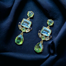 Boucles d'Oreilles Dormeuse Doré Art Déco Vert Bleu Rétro Vintage Ancien QD1