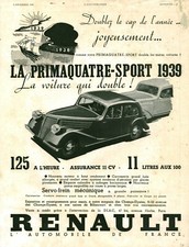Publicité ancienne voiture automobile Primaquatre Sport 1938 issue de magazine