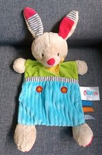 1592?Doudou plat lapin bleu vert OUATOO BABY Bandana Jaune