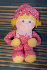 B7G / doudou poupée chiffon tissu rose jaune grelot scratch FISHER PRICE vintage