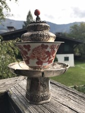 Important Tasse Ancienne En Argent Massif Et Porcelaine Chinois 19th