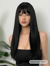 Perruque Synthétique Noir Longue Lisse A Frange +4 Bonnet