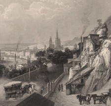 XIXe Gravure originale Vue de Rouen carosse Seine-Maritime