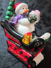 Ceramic Snowman In Sleigh Trinket Box Ornament Holiday Decoration Christmas