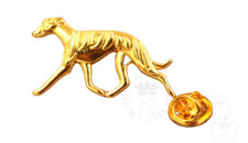 Bijou fantaisie "Lévrier marchant", pin's 3,7cm, doré ou argent, pochon et écrin