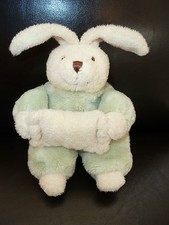94. DOUDOU PELUCHE CMP LAPIN ECRU VERT ASSIS YEUX NEZ MARRON COUSSIN 13C TTBE