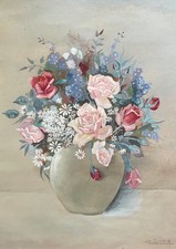 Bouquet de fleurs dans un vase, gouache, signature à identifier, peinture, XXe