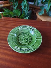 CENDRIER LIQUEUR CUSENIER ATTIK vert olive, décor cartes géographiques