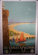 affiche ancienne originale chemin de fer les sables d'Olonne vers 1930 entoilée