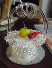 Unique Art Glass Basket with Fruit on Mirror Base Figurine 3" Tall
