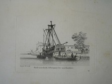 BELLE GRAVURE PAYSAGE MARINE BATEAU VOILIER VAISSEAU BRICK NAVIRE MARCHAND 1810