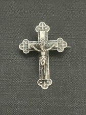 Ancienne Broche religieuse Croix en métal blanc - Bijou vintage