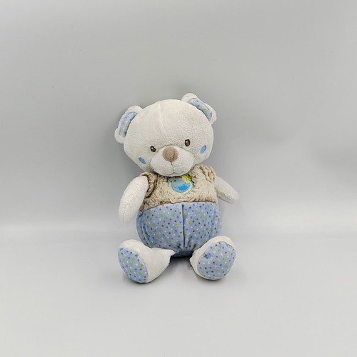 Doudou ours blanc beige bleu
