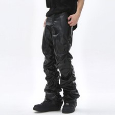 Hommes Brillant Effet Mouillé Simili Cuir Pantalon Volant Gothique Punk PU Noir