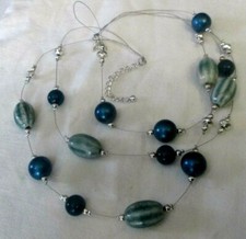 Beau Collier réglable couleur argent 3 rangs perles bleues bijou vintage 3320