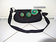 Sac Pochette noir Cuir daim Broderie Cercles vert Paillettes Vintage Couleurs 