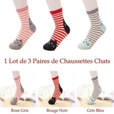 Chaussettes Chats Rayées 3 Paires Rose Gris Rouge Noir Bleu Femme Enfant 35-39