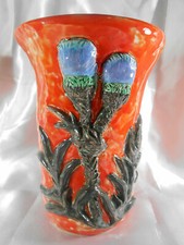 TRES BEAU VASE ORANGE & CHARDON BLEU EN FAÏENCE SIGNÉE B. RAMBURE 1967