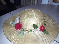 Chapeau de paille femme à fleurs style capeline cousu main taille 56 à 58