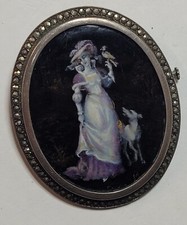 BROCHE 19è PEINTURE MINIATURE FEMME CHIEN EMAIL SUR CUIVRE MARCASSITE ARGENT K14