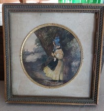 Ancien cadre bois doré moulures en  plâtre et illustration colorée du  19ème