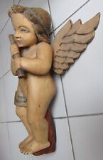 Grand ange baroque en bois sculpté polychrome, putti, chérubin, angelot