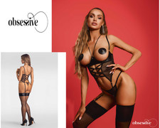 Ensemble String et Corset Ouvert avec Porte Jarretelle Lingerie Sexy Femme Noir