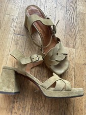 Sandales Chaussures 38,5 Chie Mihara TBE Daim Vert Beige Talon Carré Val 350€