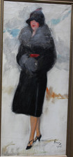 Tableau impressionniste ancien HST "Dame au manteau de fourrure" 1925  Frago ?