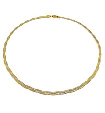 Collier femme en or 18 carats jaune et blanc ciselé , fermoir mousqueton