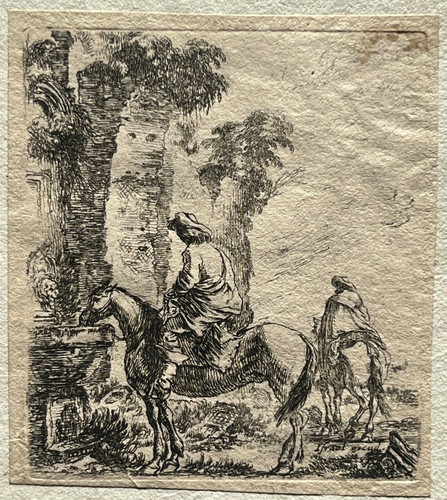 Homme abreuvant cheval gravure - abreuvant,