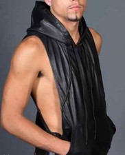 Gilet en cuir noir à capuche