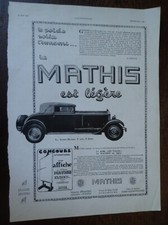 MATHIS super 8 cyl 5 li + montre ECLIPSO LIP publicité papier ILLUSTRATION 1932
