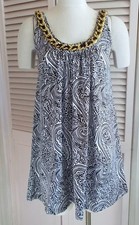 SHARAGANO BLACK WHITE PAISLEY MINI DRESS WITH CHAIN PARIS STYLE - MEDIUM - NWT 