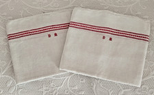 LOT de 2 Torchons ANCIENS - Monogramme Brodé Main Rouge "BM" + liteaux brodés