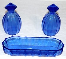 ENSEMBLE TOILETTE 2 ANCIEN FLACON PARFUM VERRE BLEU ART DECO PORTE SAVON PEIGNE