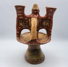 Lampe à huile bougeoir double en terre cuite peinte Kabyle Ideqqi début XXème