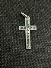 Ancien Pendentif Croix Argent Massif Avec Pierres Bleu