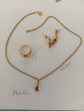 Parrure PLAQUE OR + pierre mauve COLLIER 42 cm + BOUCLES D OREILLES + bague 53