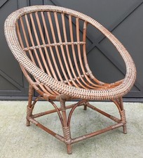 Ancien Fauteuil Coquille Corbeille Vintage En Rotin Osier /Rotin Années 1970