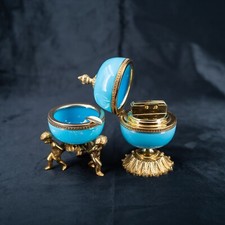 Antique French Opaline Glass Box Smoking Set SEVRES Blue Ormolu Ashtray Lighter