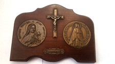 Ancien objet religieux icone Vierge Marie plaque métal sur bois