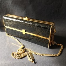 Petit Sac à main ou Pochette Vintage en véritable crocodile noir et laiton