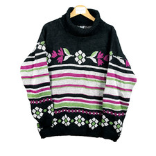 C&A pull femme taille xl col roulé rose noir rayures fleur rayures ladies jumper