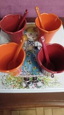 Lot 4 tasses  "tulipes" - 4 petites cuillères  céramique - Orange & Rouge brique