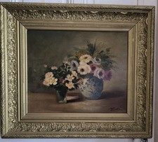 Huile sur Toile Nature  Morte "Bouquet de Roses et Anémones" Penelli Cadre Doré